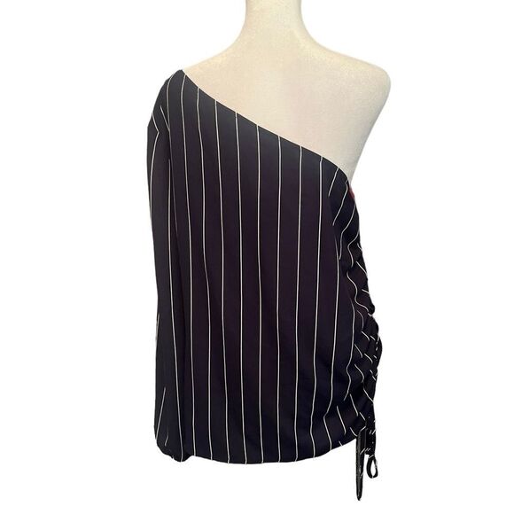 Belle Sky One Shoulder Pinstripe Blouse Size Large Blue & White - Picture 2 of 10